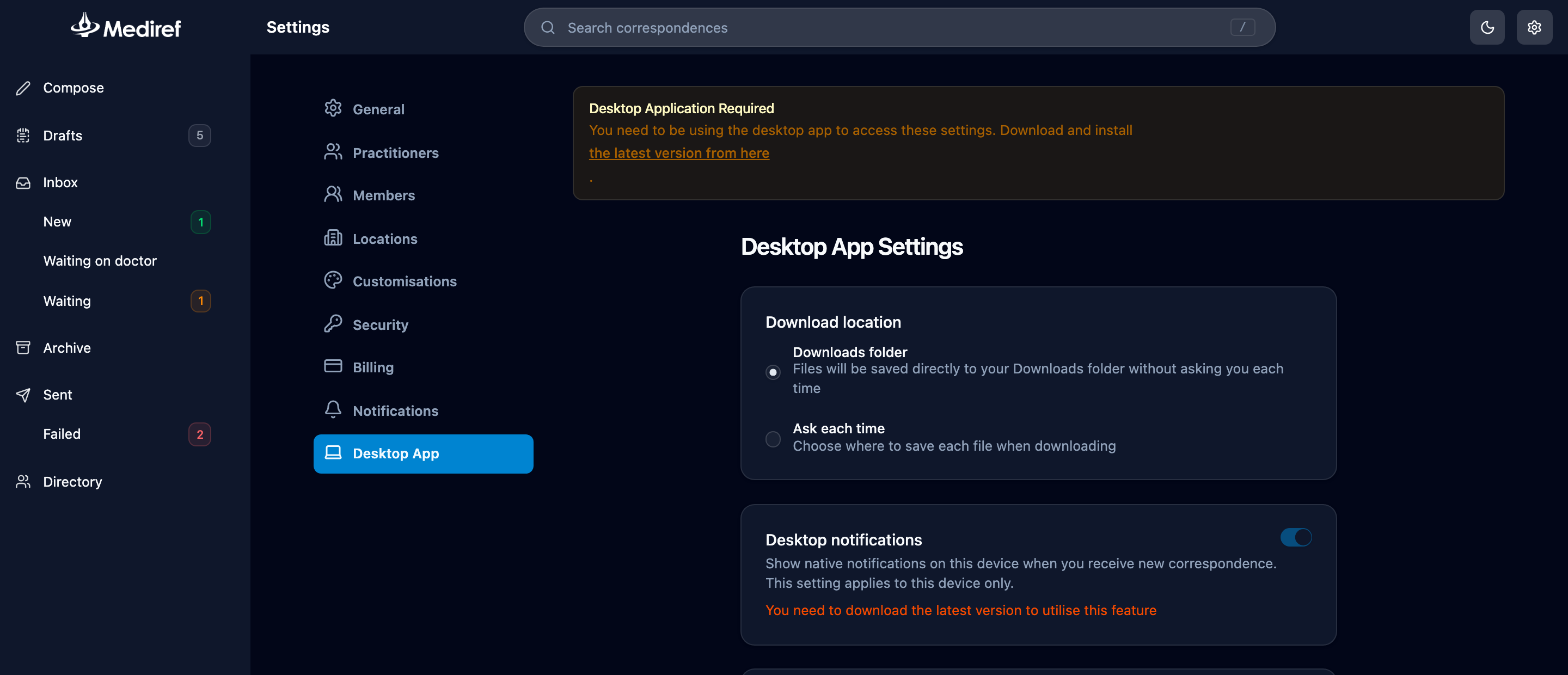 The Desktop App settings page in a browser, showing the Desktop Application Required warning above the settings