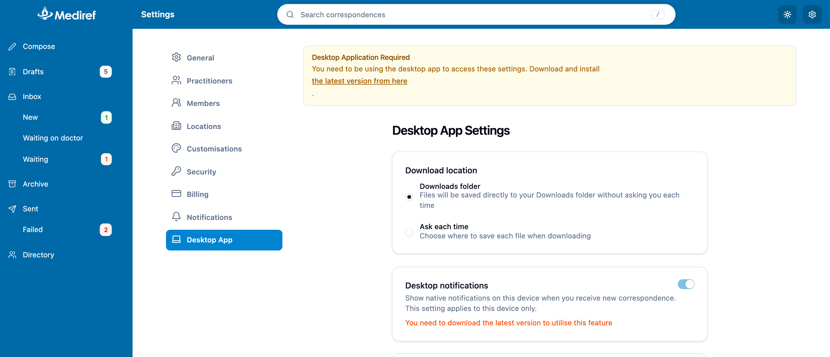 The Desktop App settings page in a browser, showing the Desktop Application Required warning above the settings