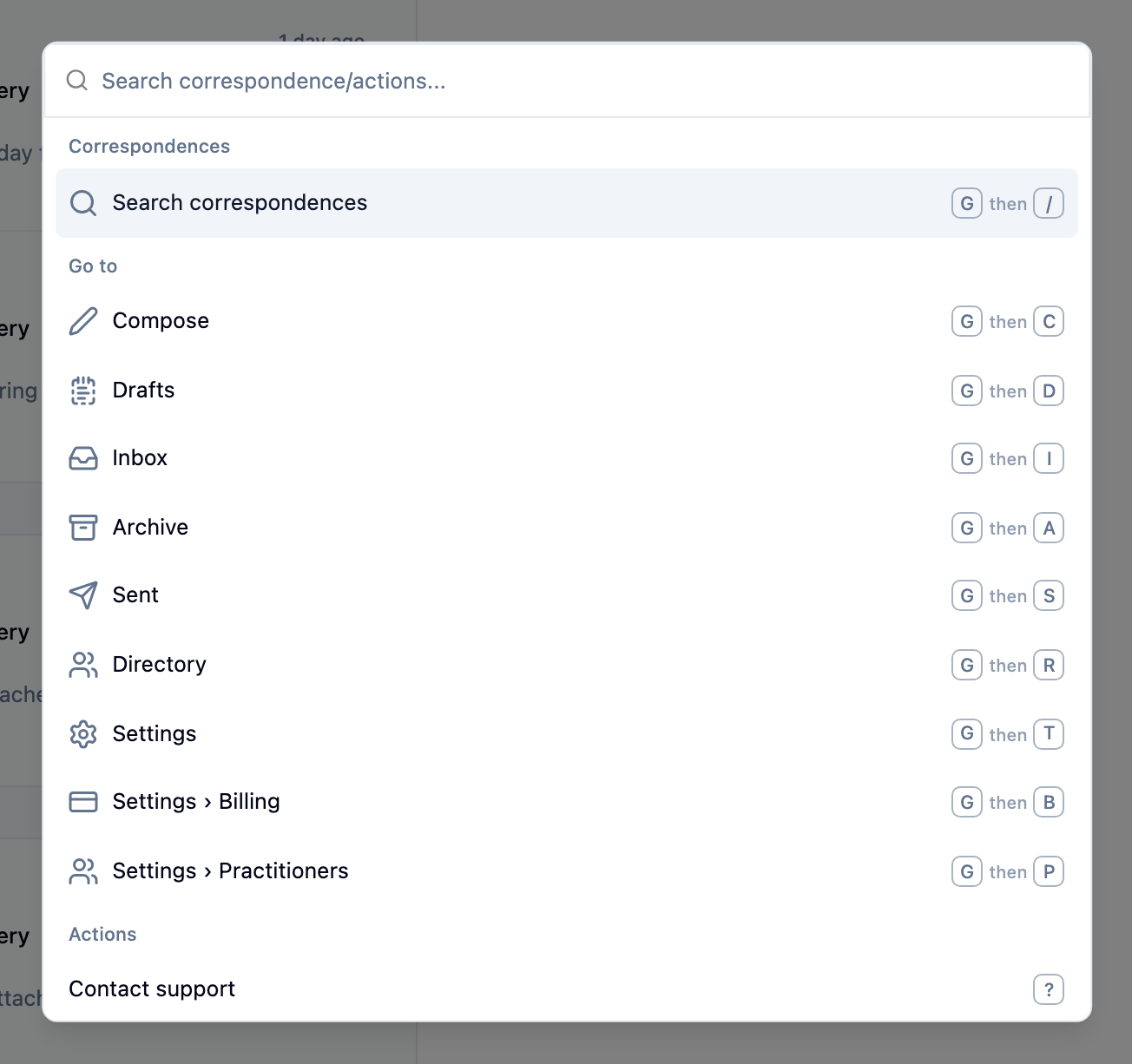 Quick jump box with the Correspondences, Go to and Actions groups