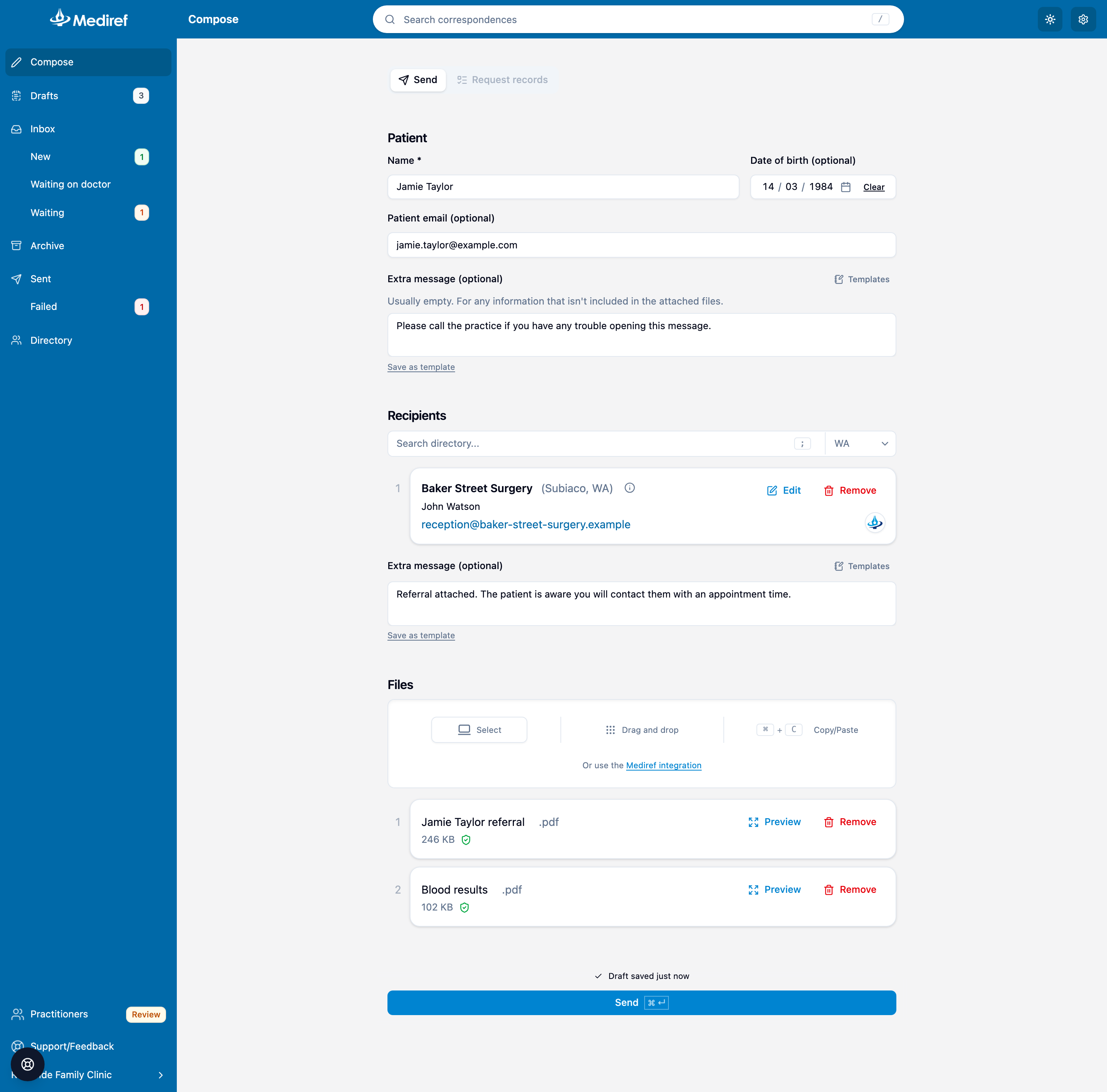 Compose page with the patient, recipient, message and files filled in