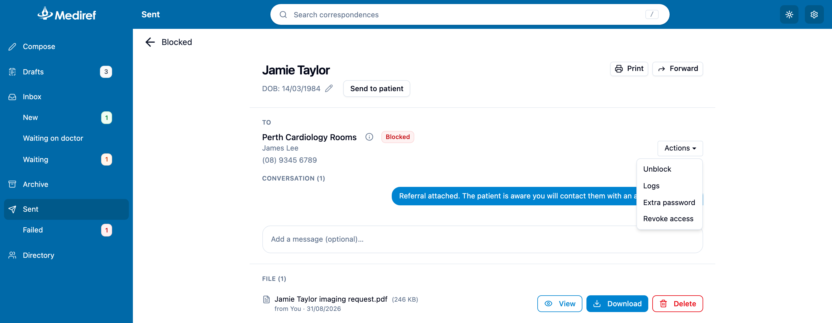 Actions menu on a blocked recipient showing Unblock