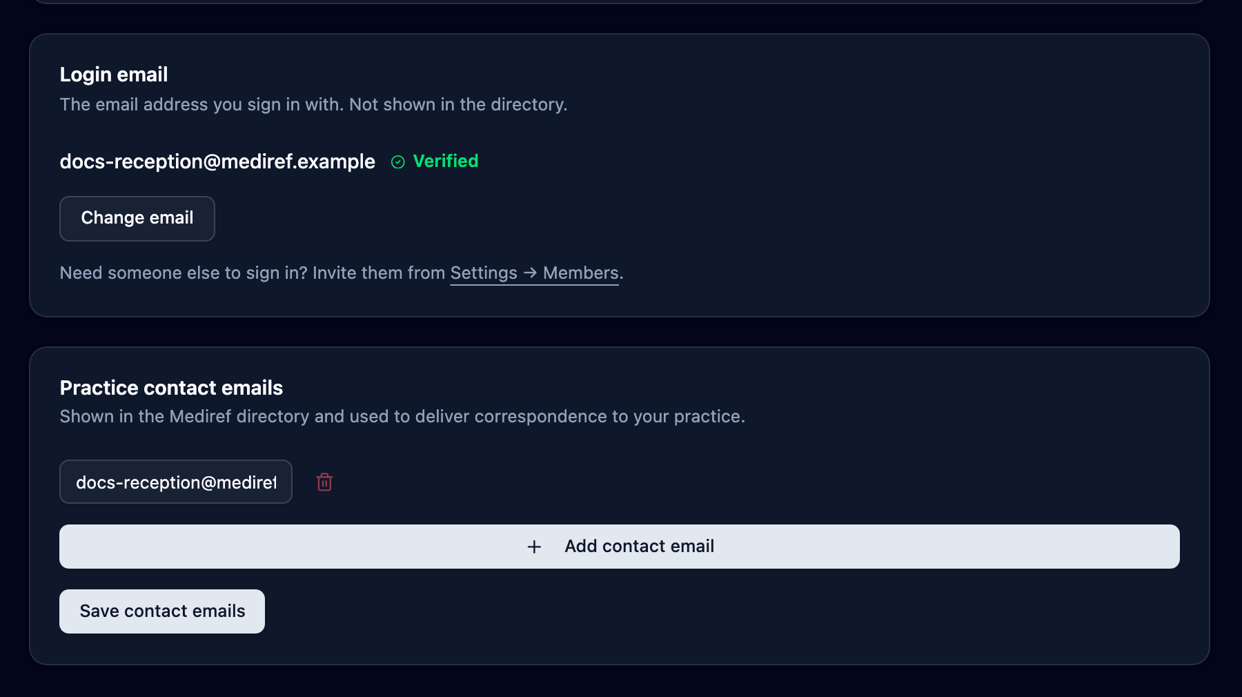 The Login email and Practice contact emails cards in General settings
